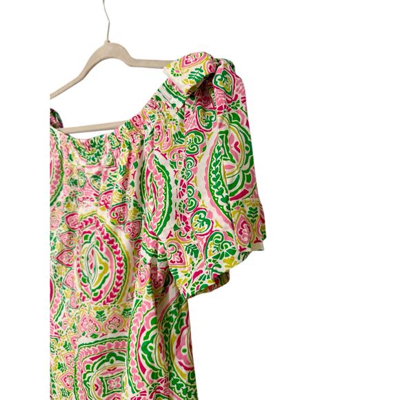 TAHARI Off the Shoulder Mini Dress Womens 12 Lined Beachy Boho Green Pink Preppy - Picture 6 of 7